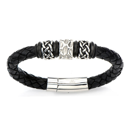 Mens Stainless Steel Celtic Knot Bead in Black Braided Leather 9.5mm Bracelet