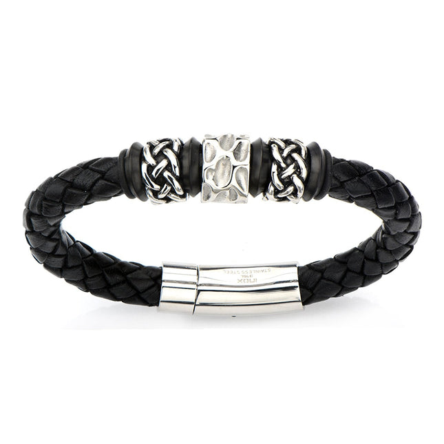 Mens Stainless Steel Celtic Knot Bead in Black Braided Leather 9.5mm Bracelet