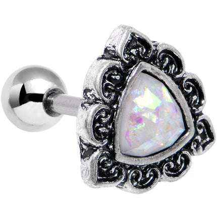 16G Iridescent White Faux Opal Ornate Tragus Cartilage Earring