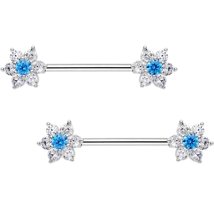 9/16 Aqua CZ Gem Summer Flower Petal Barbell Nipple Ring Set