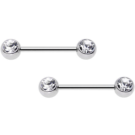 5/8 Clear Gem Double Front Ball Steel Barbell Nipple Ring Set